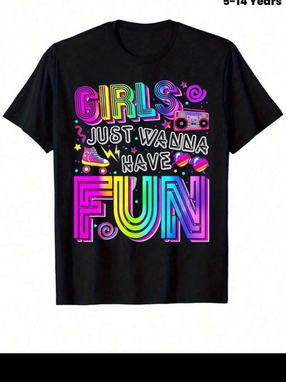 New Girls' Kids Black 'Girls Just Wanna Have Fun' Neon Graphic Tee